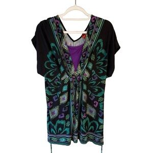 Olsen Europe Black and Green Patterned Tunic Top Size 12 Boho Festival Stretch